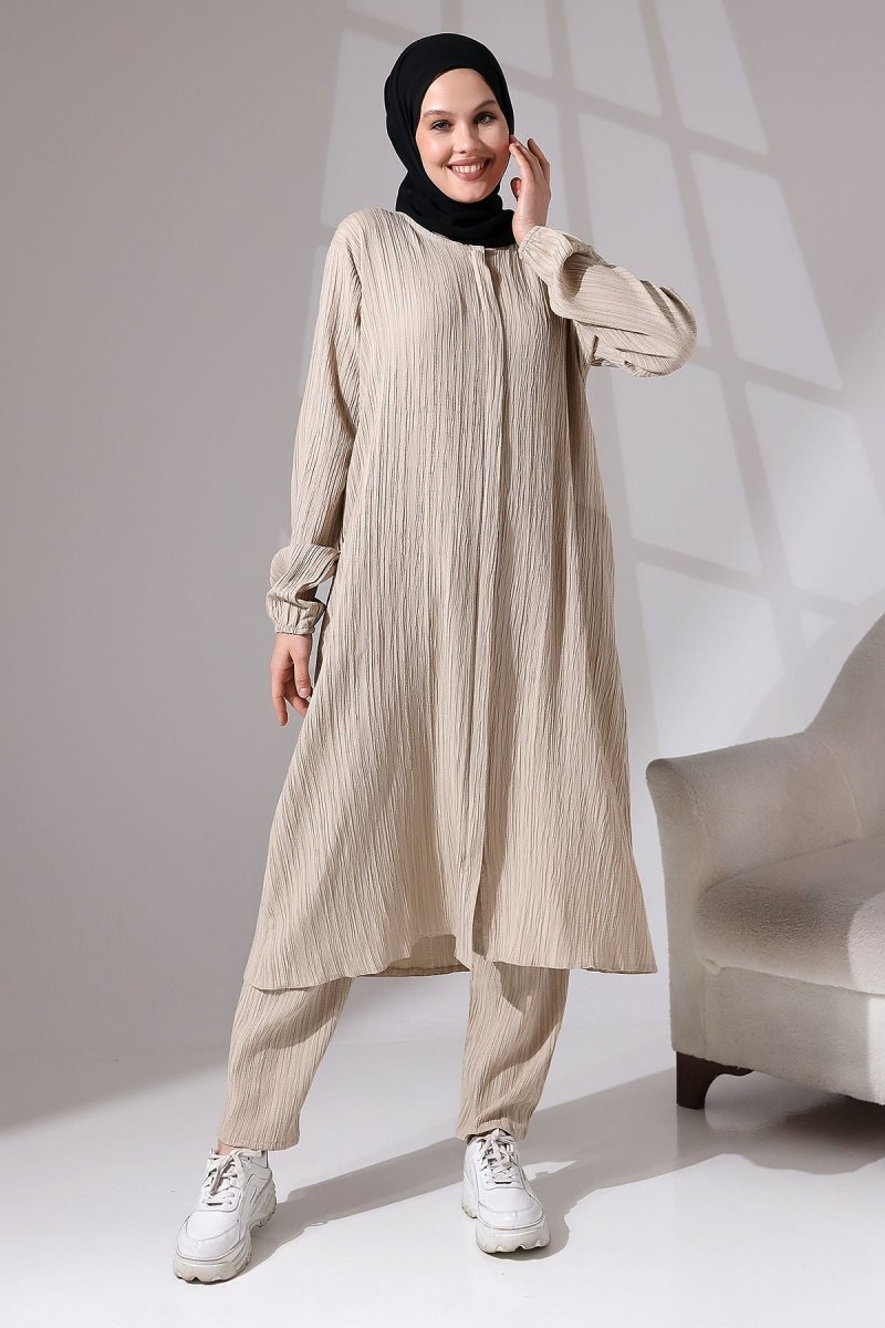 Women's Crepe Fabric Two-Piece Set with Hidden Zipper, Hajj/Umrah Outfit, Beige - ihvan