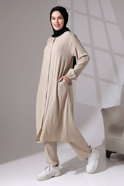 Women's Crepe Fabric Two-Piece Set with Hidden Zipper, Hajj/Umrah Outfit, Beige - ihvan