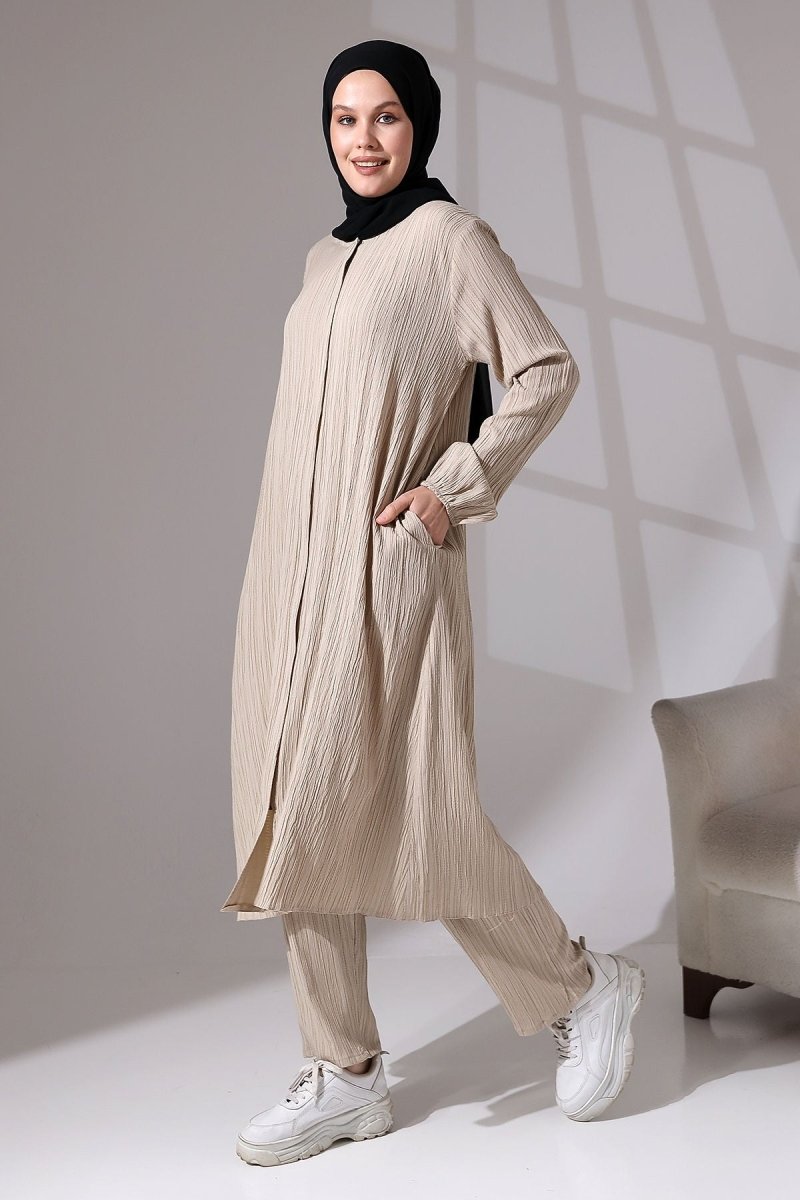 Women's Crepe Fabric Two-Piece Set with Hidden Zipper, Hajj/Umrah Outfit, Beige - ihvan