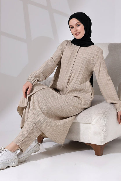 Women's Crepe Fabric Two-Piece Set with Hidden Zipper, Hajj/Umrah Outfit, Beige - ihvan