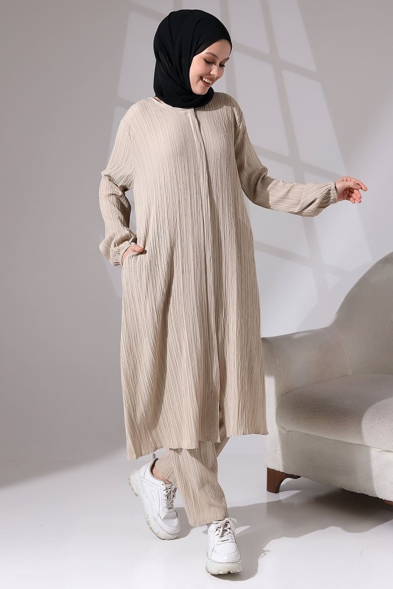 Women's Crepe Fabric Two-Piece Set with Hidden Zipper, Hajj/Umrah Outfit, Beige - ihvan