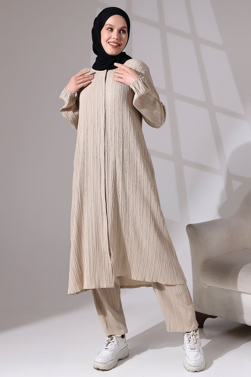 Women's Crepe Fabric Two-Piece Set with Hidden Zipper, Hajj/Umrah Outfit, Beige - ihvan