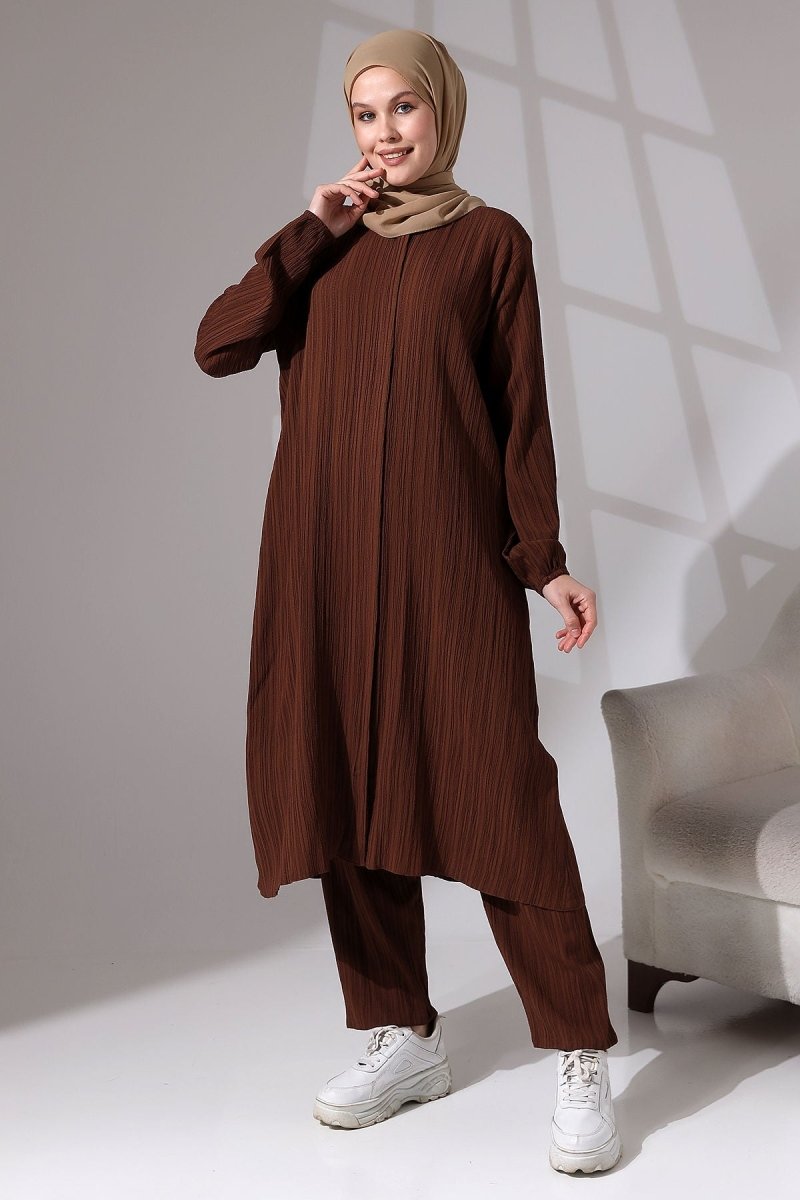 Women's Crepe Fabric Two-Piece Set with Hidden Zipper, Hajj/Umrah Outfit, Coffee Brown - ihvan