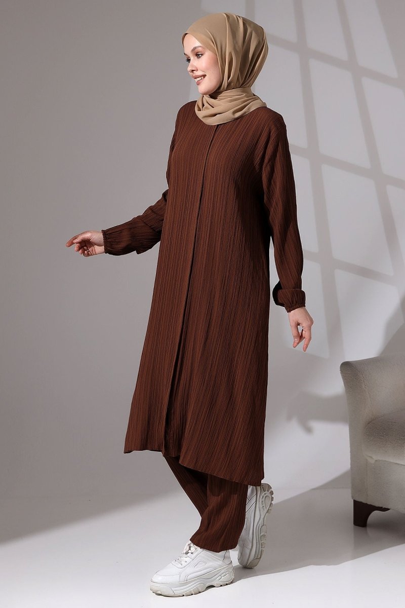 Women's Crepe Fabric Two-Piece Set with Hidden Zipper, Hajj/Umrah Outfit, Coffee Brown - ihvan