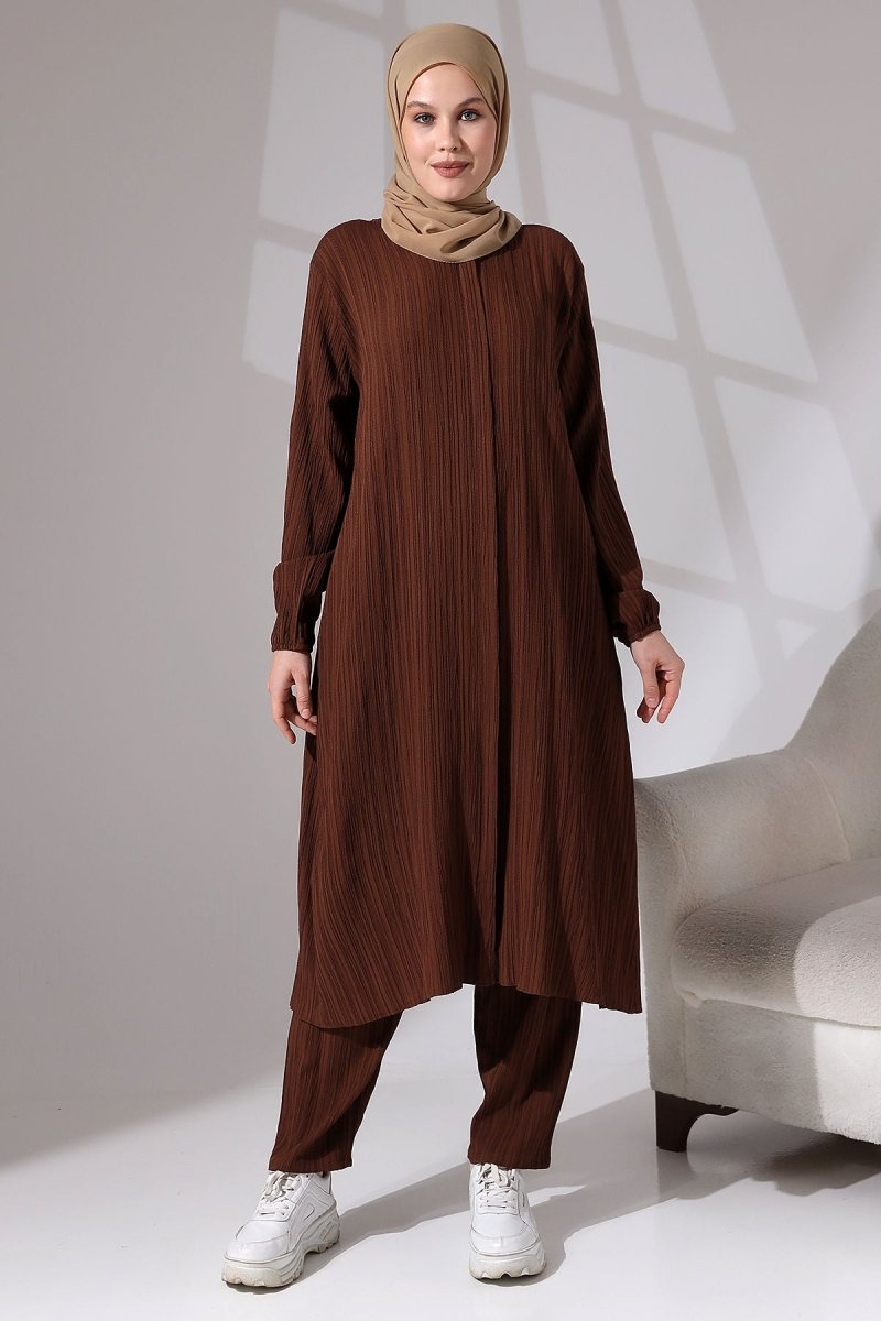 Women's Crepe Fabric Two-Piece Set with Hidden Zipper, Hajj/Umrah Outfit, Coffee Brown - ihvan