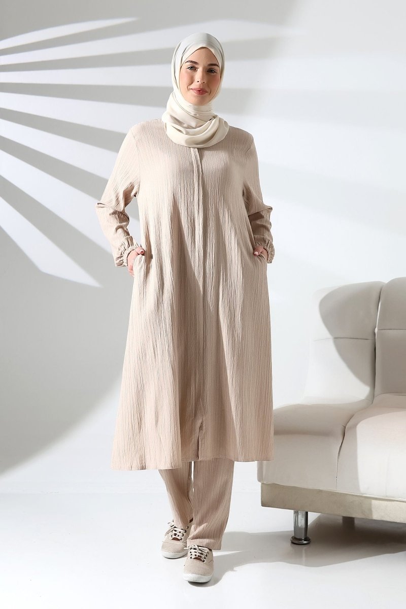Women's Crepe Fabric Two-Piece Set with Hidden Zipper, Hajj/Umrah Outfit, Cream - ihvan