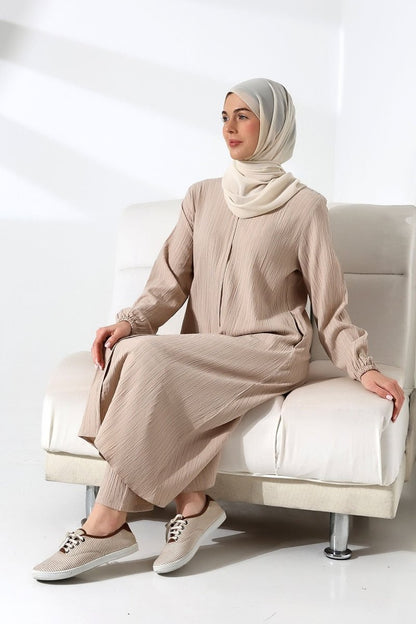 Women's Crepe Fabric Two-Piece Set with Hidden Zipper, Hajj/Umrah Outfit, Cream - ihvan