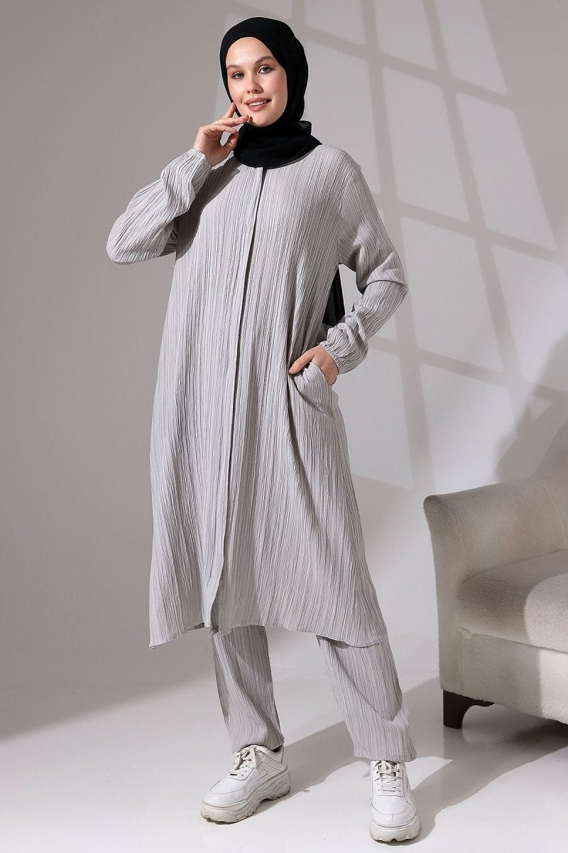 Women's Crepe Fabric Two-Piece Set with Hidden Zipper, Hajj/Umrah Outfit, Grey - ihvan