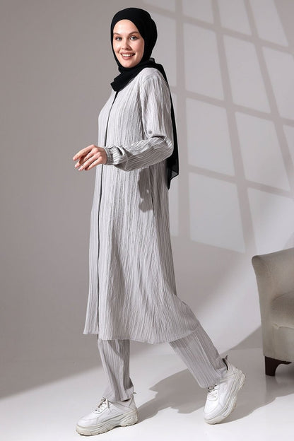 Women's Crepe Fabric Two-Piece Set with Hidden Zipper, Hajj/Umrah Outfit, Grey - ihvan