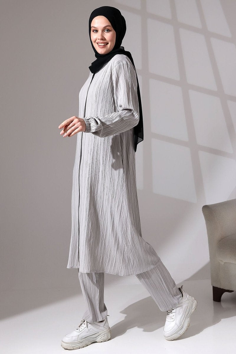 Women's Crepe Fabric Two-Piece Set with Hidden Zipper, Hajj/Umrah Outfit, Grey - ihvan