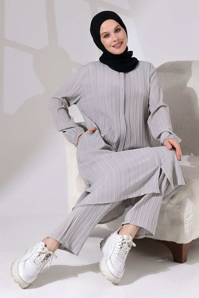 Women's Crepe Fabric Two-Piece Set with Hidden Zipper, Hajj/Umrah Outfit, Grey - ihvan