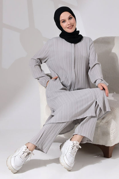 Women's Crepe Fabric Two-Piece Set with Hidden Zipper, Hajj/Umrah Outfit, Grey - ihvan