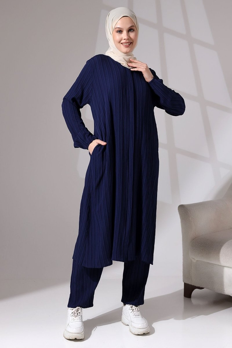 Women's Crepe Fabric Two-Piece Set with Hidden Zipper, Hajj/Umrah Outfit, Navy Blue - ihvan