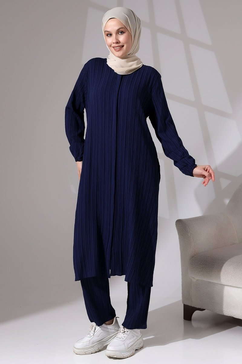 Women's Crepe Fabric Two-Piece Set with Hidden Zipper, Hajj/Umrah Outfit, Navy Blue - ihvan