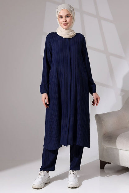 Women's Crepe Fabric Two-Piece Set with Hidden Zipper, Hajj/Umrah Outfit, Navy Blue - ihvan