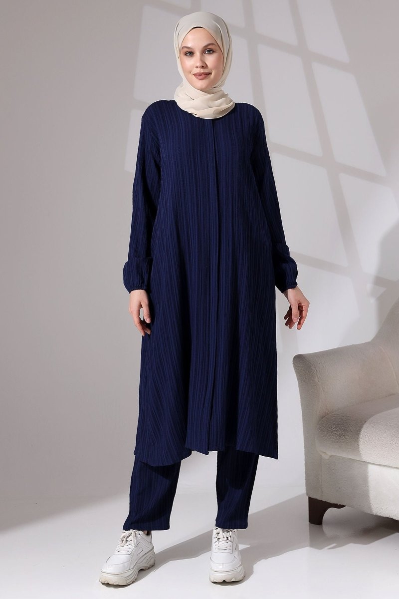 Women's Crepe Fabric Two-Piece Set with Hidden Zipper, Hajj/Umrah Outfit, Navy Blue - ihvan