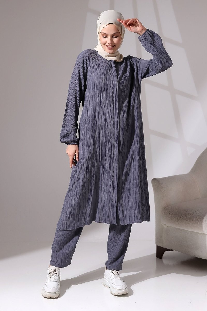 Women's Crepe Fabric Two-Piece Set with Hidden Zipper, Hajj/Umrah Outfit, Smoke Grey - ihvan