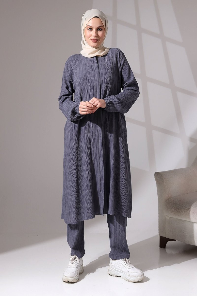 Women's Crepe Fabric Two-Piece Set with Hidden Zipper, Hajj/Umrah Outfit, Smoke Grey - ihvan