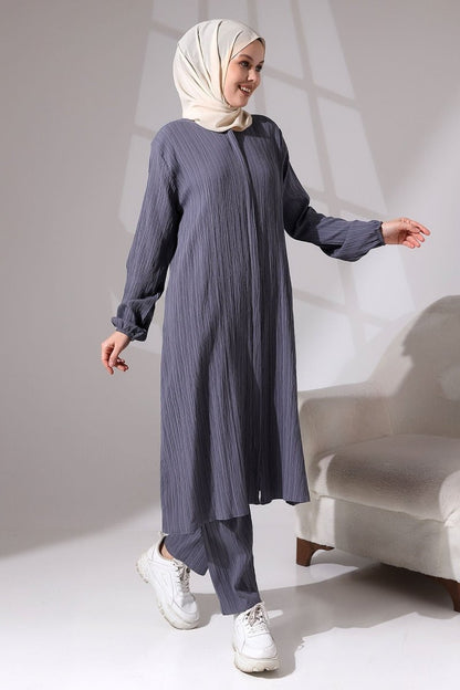 Women's Crepe Fabric Two-Piece Set with Hidden Zipper, Hajj/Umrah Outfit, Smoke Grey - ihvan
