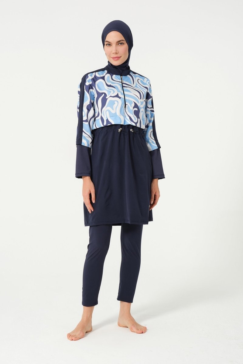 Women's Crop Detailed Athletic Elastic Waist Full-Covered Burkini 3008-25 Dark Navy Blue - ihvan