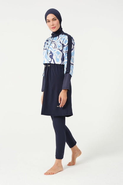 Women's Crop Detailed Athletic Elastic Waist Full-Covered Burkini 3008-25 Dark Navy Blue - ihvan