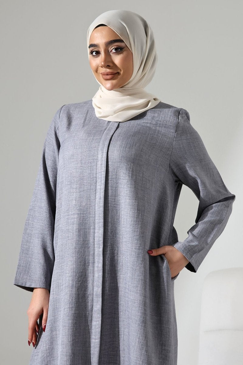 Women's Grey Melange Linen-Look Two-Piece Set with Hidden Zipper, Hajj and Umrah Modest Clothing. - ihvan