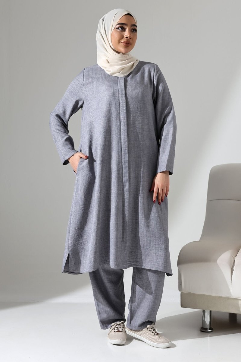 Women's Grey Melange Linen-Look Two-Piece Set with Hidden Zipper, Hajj and Umrah Modest Clothing. - ihvan