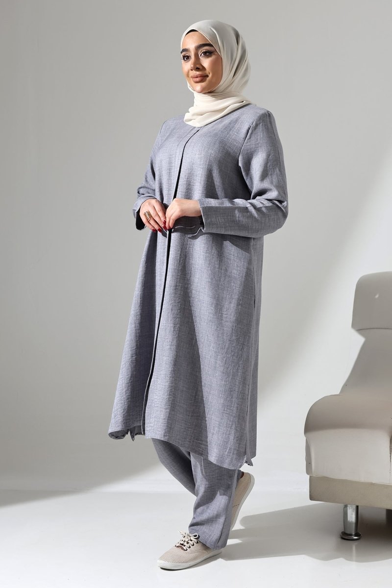 Women's Grey Melange Linen-Look Two-Piece Set with Hidden Zipper, Hajj and Umrah Modest Clothing. - ihvan