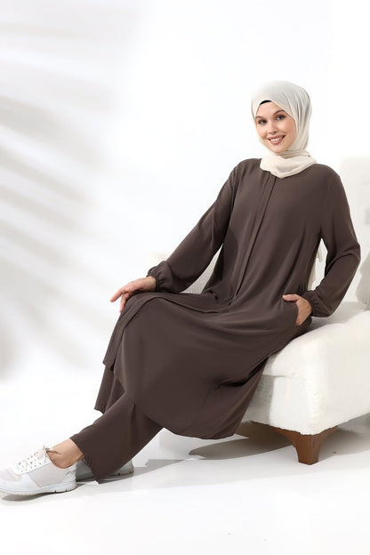 Women's Hajj and Umrah Attire, Hijab Two-Piece Set, Milky Coffee Color - ihvan
