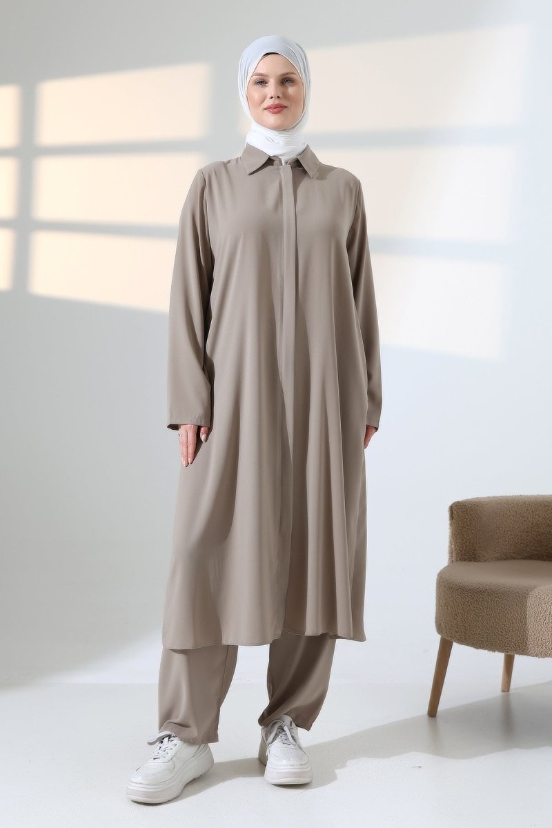 Women's Hajj and Umrah Attire, Hijab Two-Piece Set with Vest Detail - Mink - ihvan