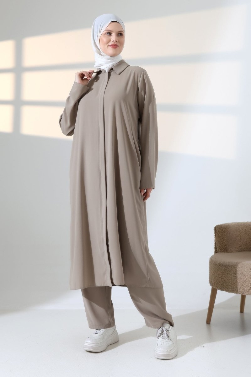 Women's Hajj and Umrah Attire, Hijab Two-Piece Set with Vest Detail - Mink - ihvan