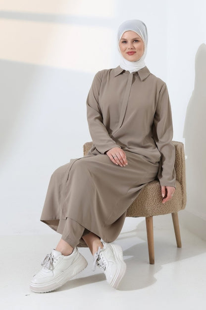 Women's Hajj and Umrah Attire, Hijab Two-Piece Set with Vest Detail - Mink - ihvan