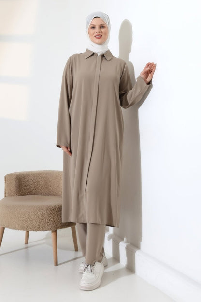 Women's Hajj and Umrah Attire, Hijab Two-Piece Set with Vest Detail - Mink - ihvan