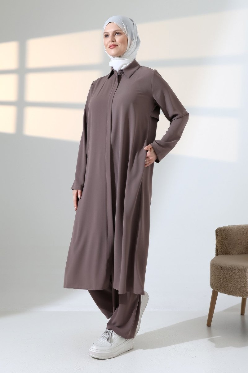 Women's Hajj and Umrah Attire, Two-Piece Set with Hijab Vest Detail - Milky Coffee - ihvan