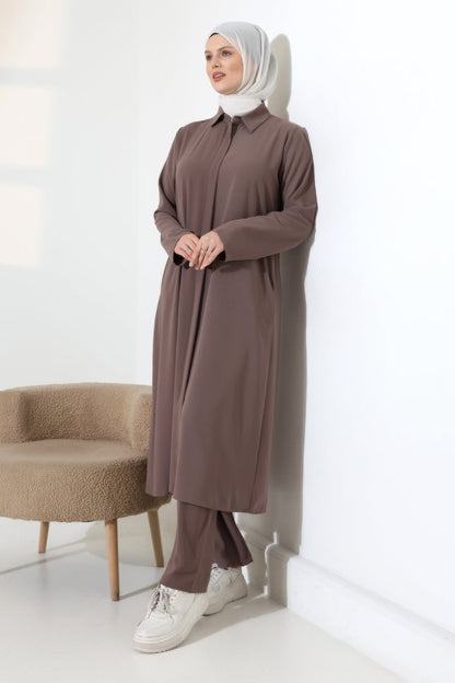 Women's Hajj and Umrah Attire, Two-Piece Set with Hijab Vest Detail - Milky Coffee - ihvan