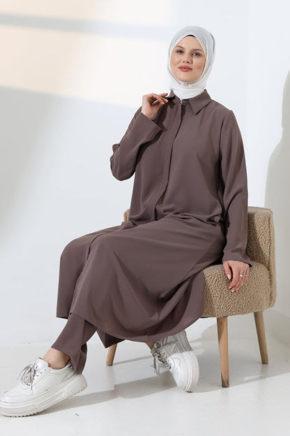 Women's Hajj and Umrah Attire, Two-Piece Set with Hijab Vest Detail - Milky Coffee - ihvan