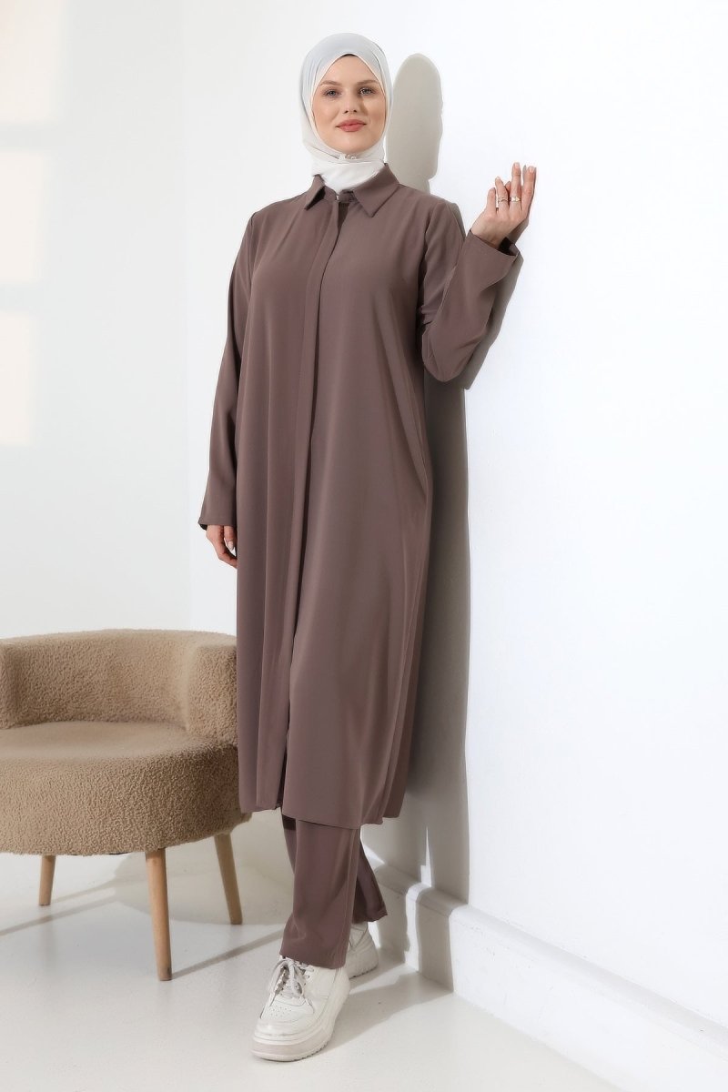 Women's Hajj and Umrah Attire, Two-Piece Set with Hijab Vest Detail - Milky Coffee - ihvan