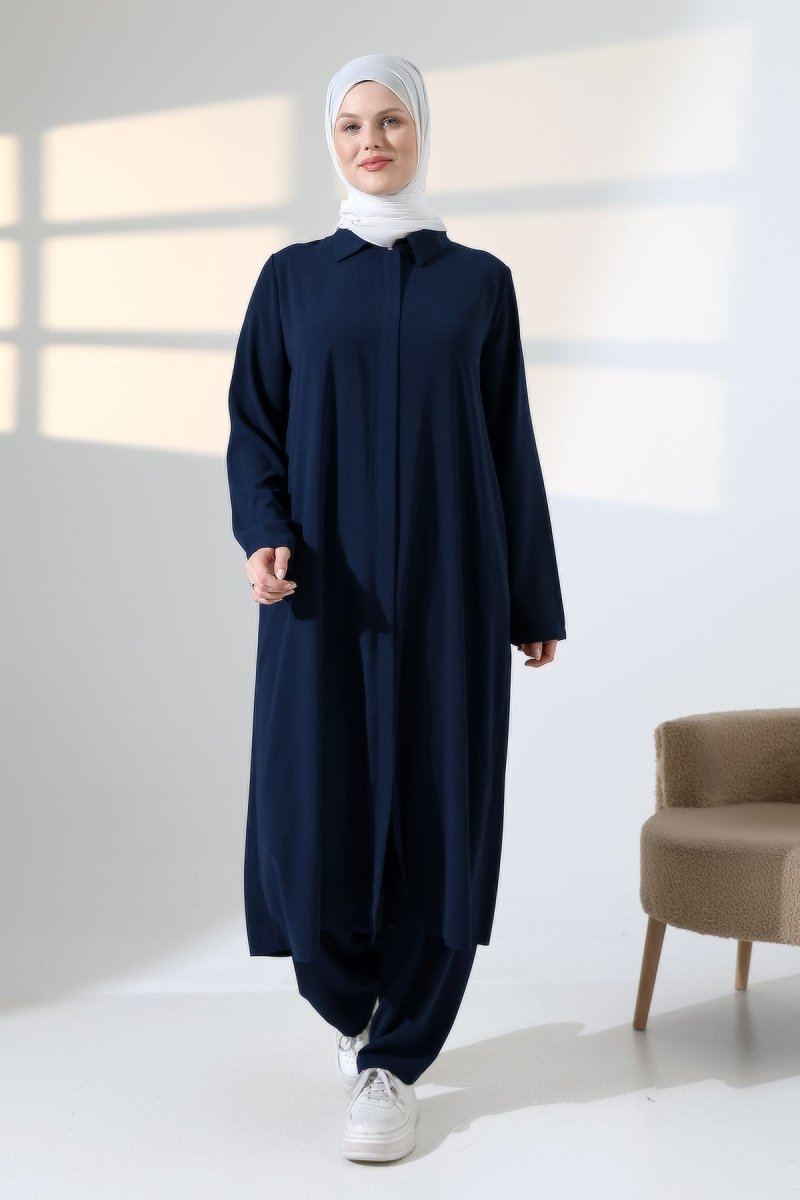 Women's Hajj and Umrah Attire, Two-Piece Set with Hijab Vest Detail - Navy Blue - ihvan