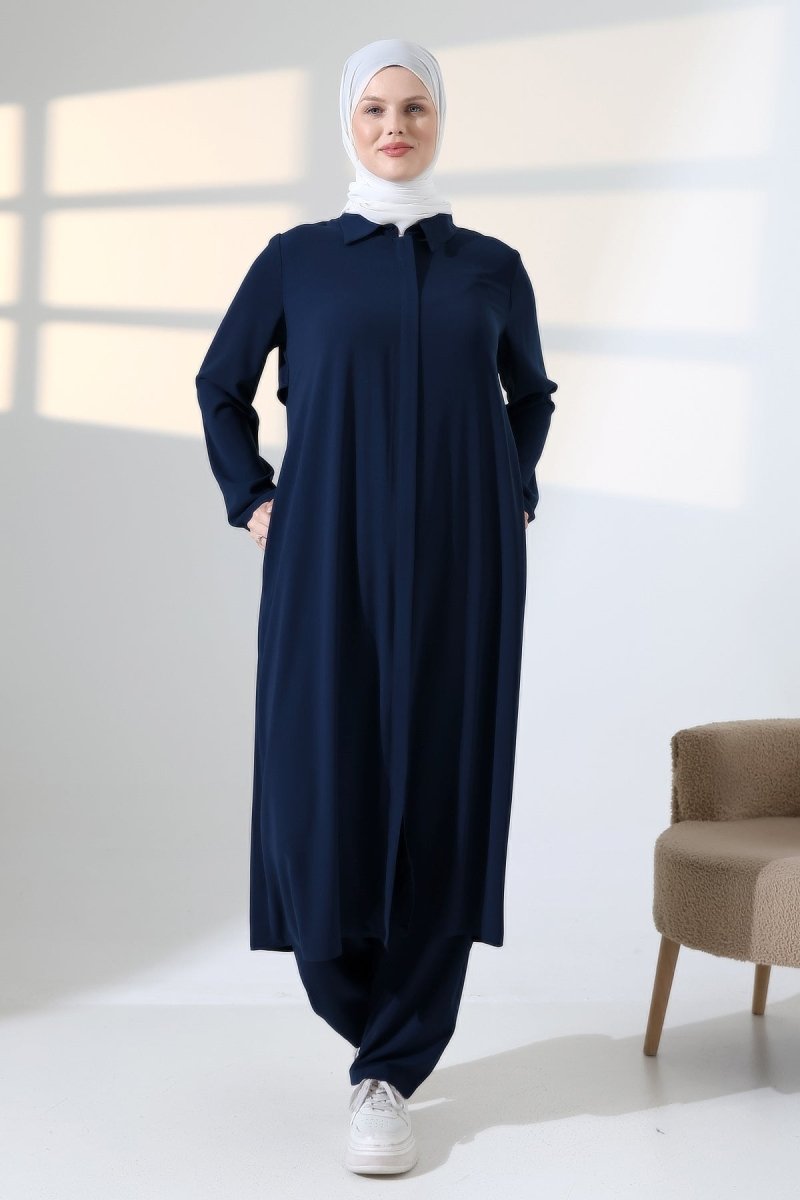 Women's Hajj and Umrah Attire, Two-Piece Set with Hijab Vest Detail - Navy Blue - ihvan