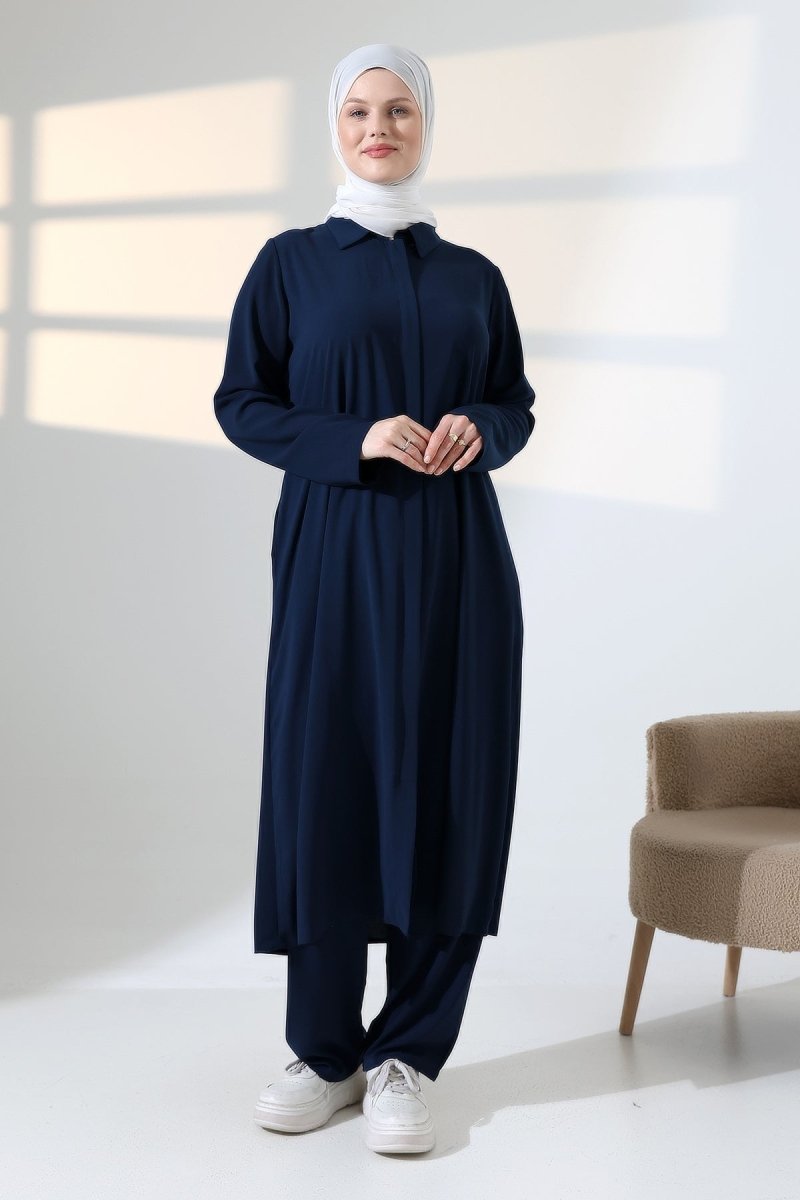 Women's Hajj and Umrah Attire, Two-Piece Set with Hijab Vest Detail - Navy Blue - ihvan