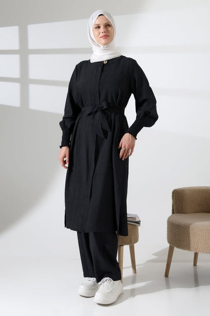 Women's Hidden Zipper, Side Slit, Gipeli Hajj/Umrah Outfit, Two-Piece Set, Black - ihvan