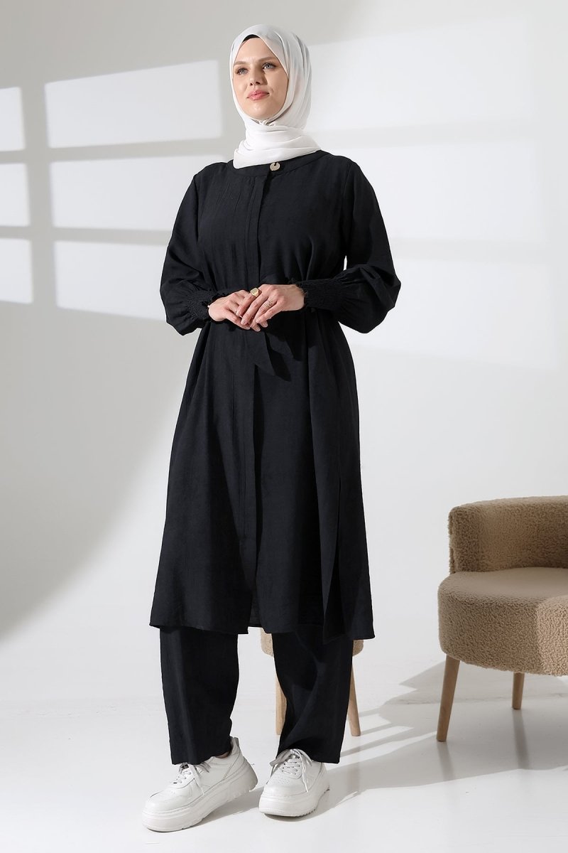 Women's Hidden Zipper, Side Slit, Gipeli Hajj/Umrah Outfit, Two-Piece Set, Black - ihvan