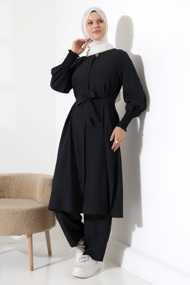 Women's Hidden Zipper, Side Slit, Gipeli Hajj/Umrah Outfit, Two-Piece Set, Black - ihvan