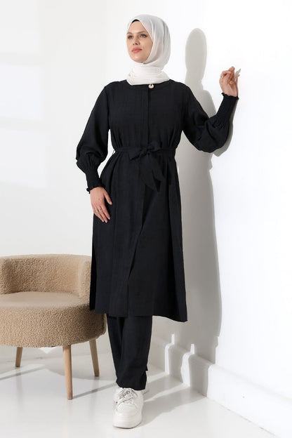 Women's Hidden Zipper, Side Slit, Gipeli Hajj/Umrah Outfit, Two-Piece Set, Black - ihvan