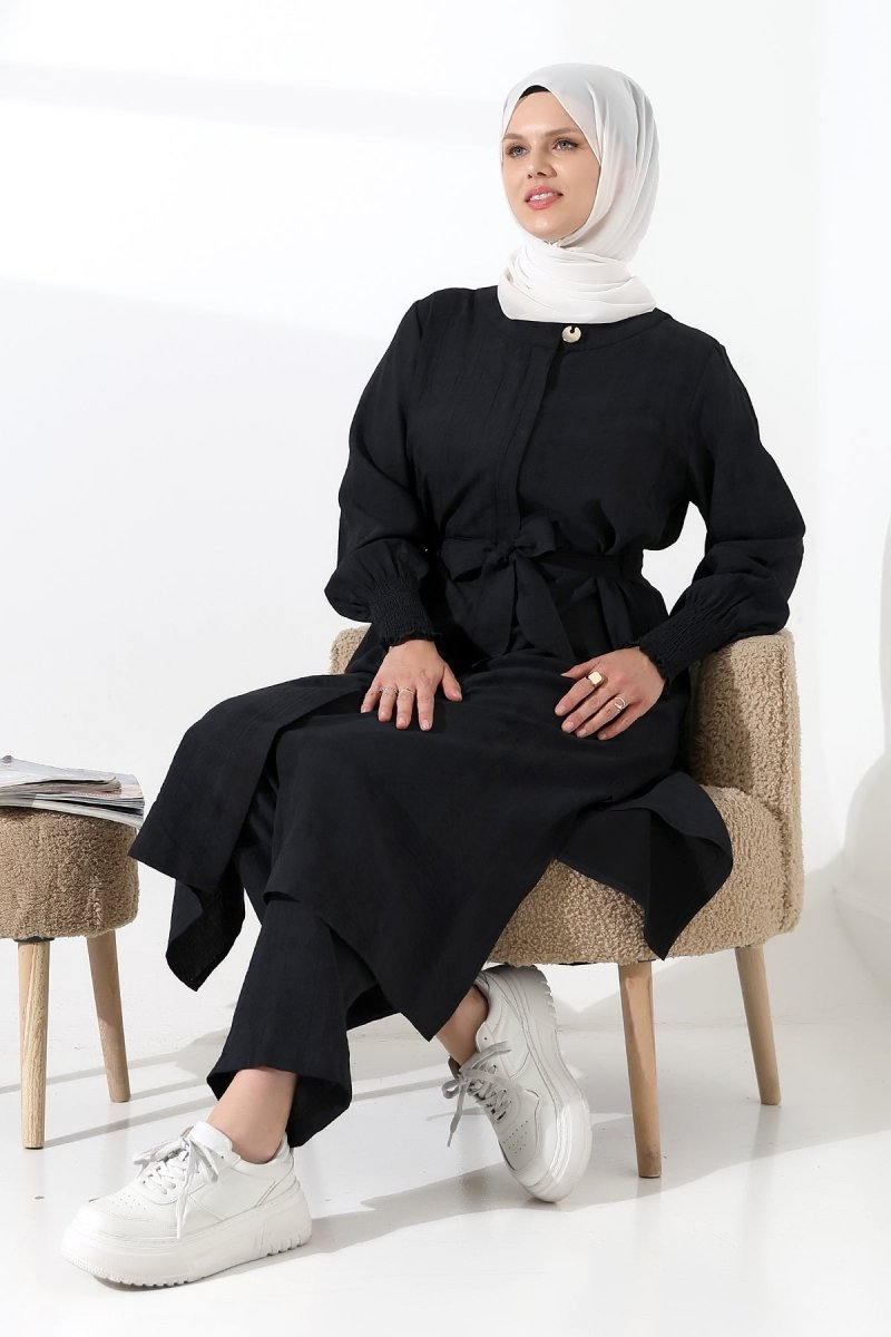 Women's Hidden Zipper, Side Slit, Gipeli Hajj/Umrah Outfit, Two-Piece Set, Black - ihvan