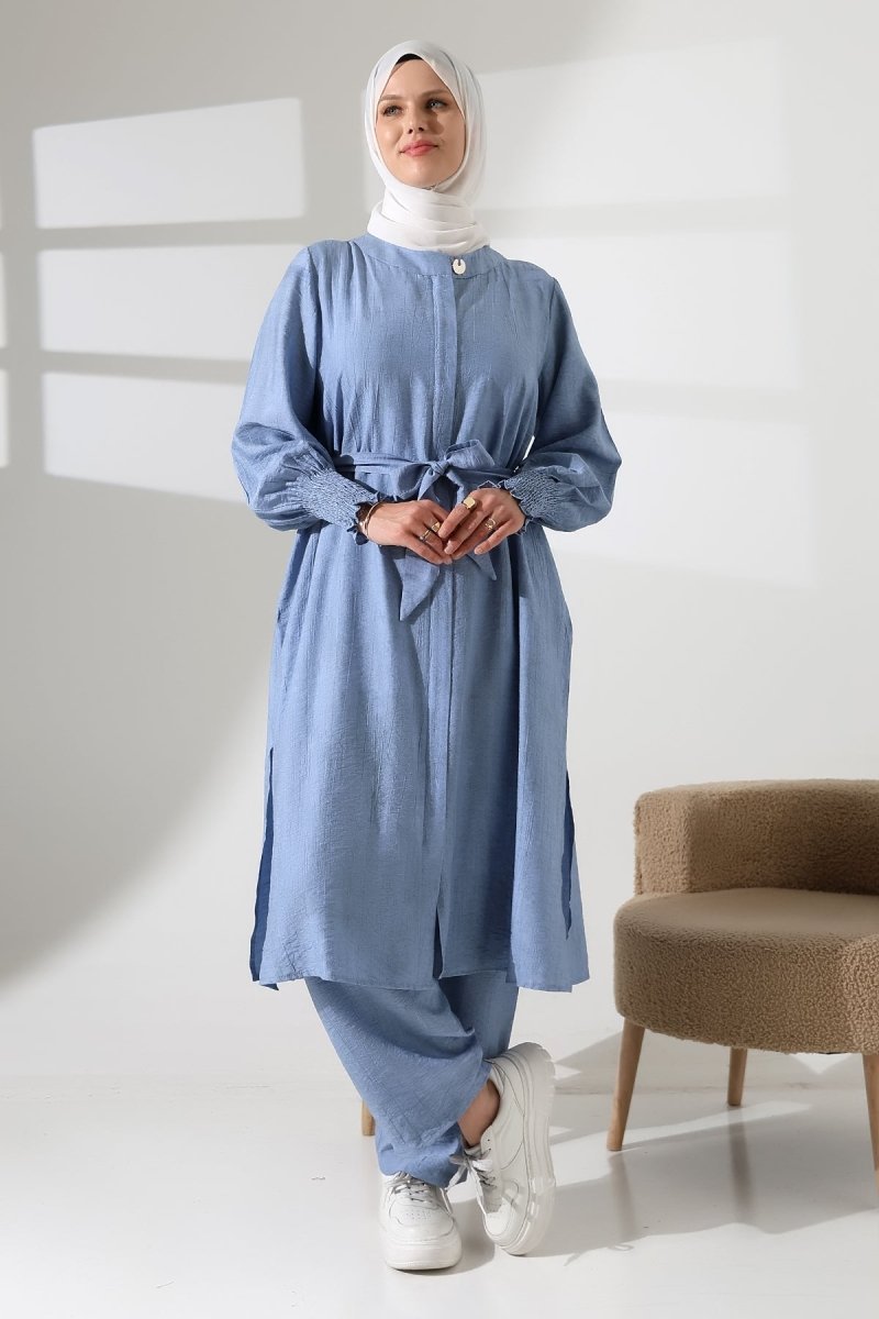 Women's Hidden Zipper, Side Slit, Gipeli Hajj/Umrah Outfit, Two-Piece Set, Blue - ihvan
