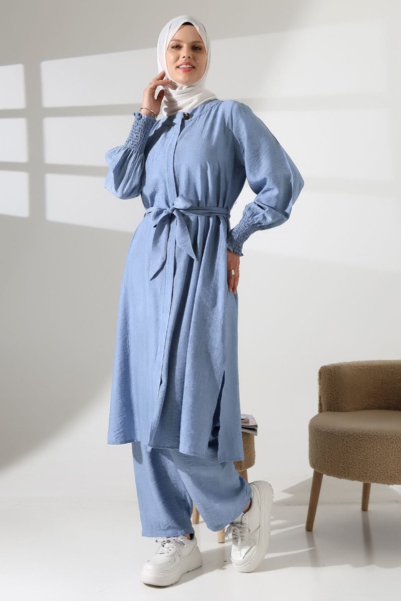 Women's Hidden Zipper, Side Slit, Gipeli Hajj/Umrah Outfit, Two-Piece Set, Blue - ihvan