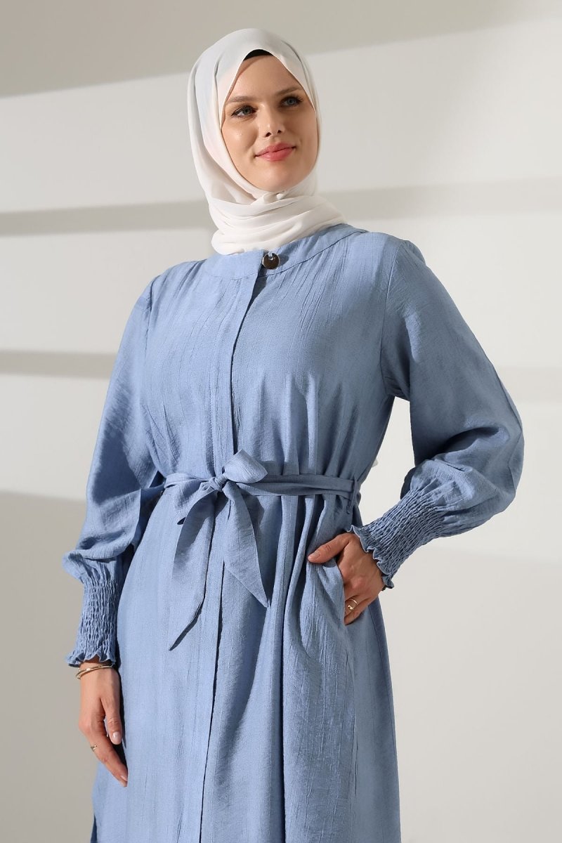 Women's Hidden Zipper, Side Slit, Gipeli Hajj/Umrah Outfit, Two-Piece Set, Blue - ihvan