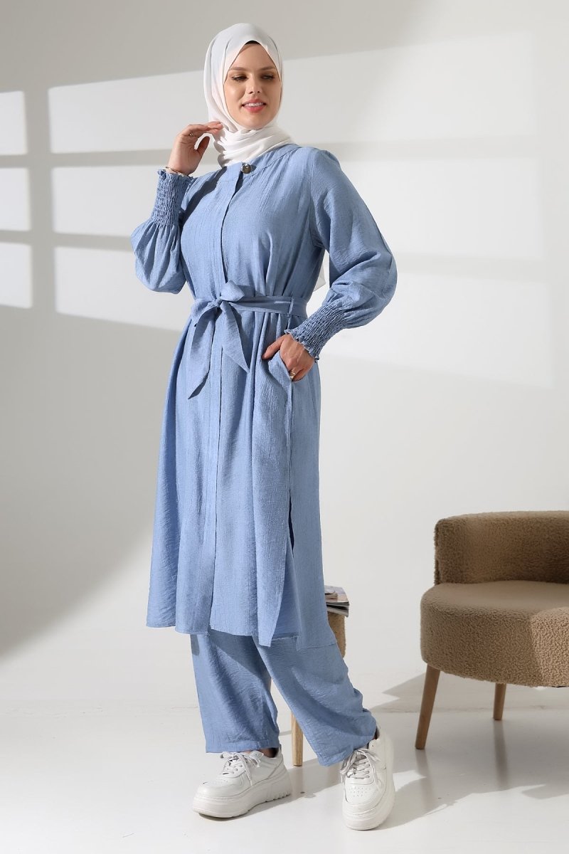 Women's Hidden Zipper, Side Slit, Gipeli Hajj/Umrah Outfit, Two-Piece Set, Blue - ihvan