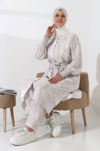 Women's Hidden Zipper, Side Slit, Gipeli Hajj/Umrah Outfit, Two-Piece Set, Ecru - ihvan